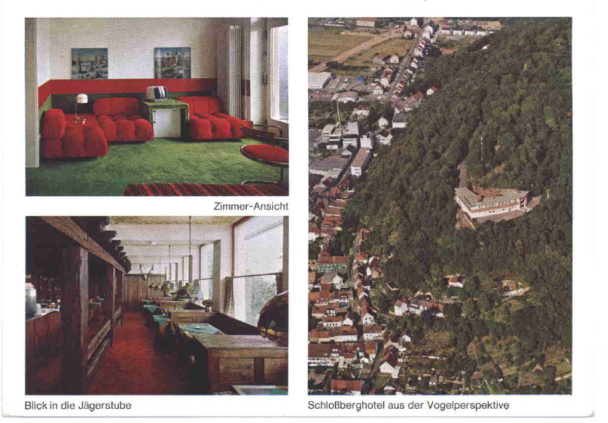 Historische Postkarte mit Zimmer-Ansicht, Blick in die Jägerstube und dem Schloßberghotel aus der Vogelperspektive